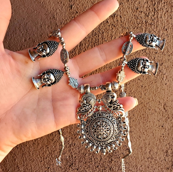 New Oversized Buddha Heads 925 Silver Tribal Necklace. - Picture 6 of 15